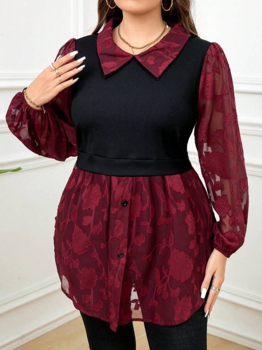 Sheer Burgundy Collared Layered Top ladies size XL